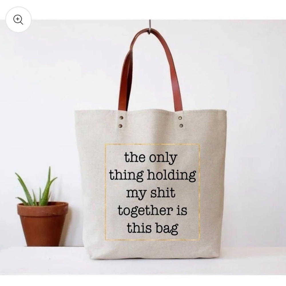 Shit Together Canvas Tote Bag w Leather Straps NWOT